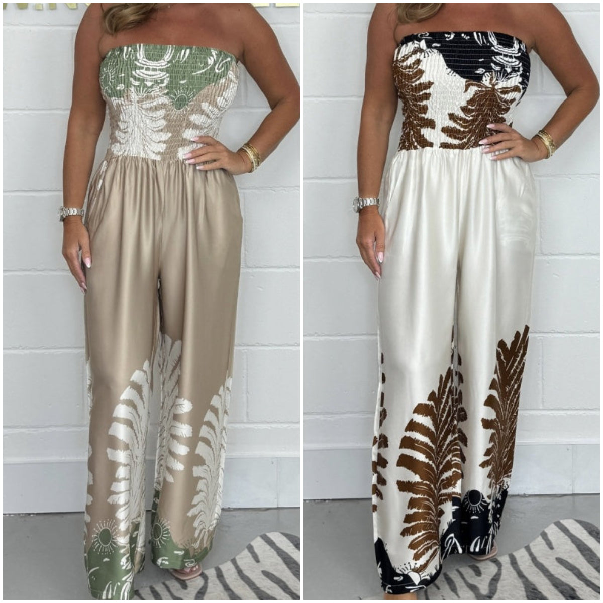 Flora - Stropløs jumpsuit med sommerprint og brede ben